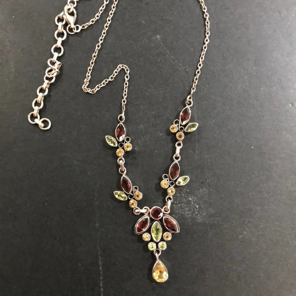 STERLING SILVER NECKLACE gemstone dangling Chandelier Pendant jeweled necklace - Picture 3 of 11